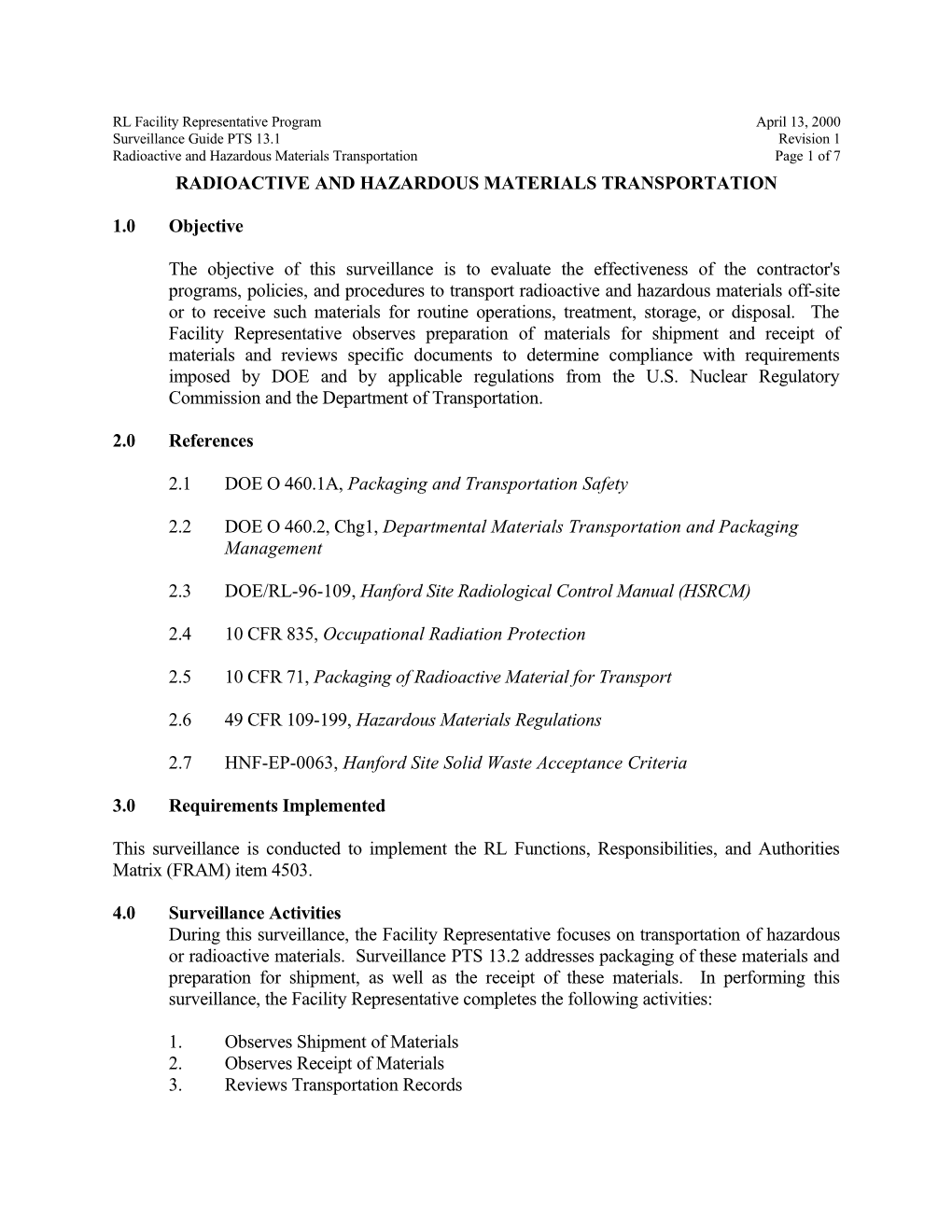 Surveillance Guides - PTS 13.1 Radioactive and Hazardous Material Transportation