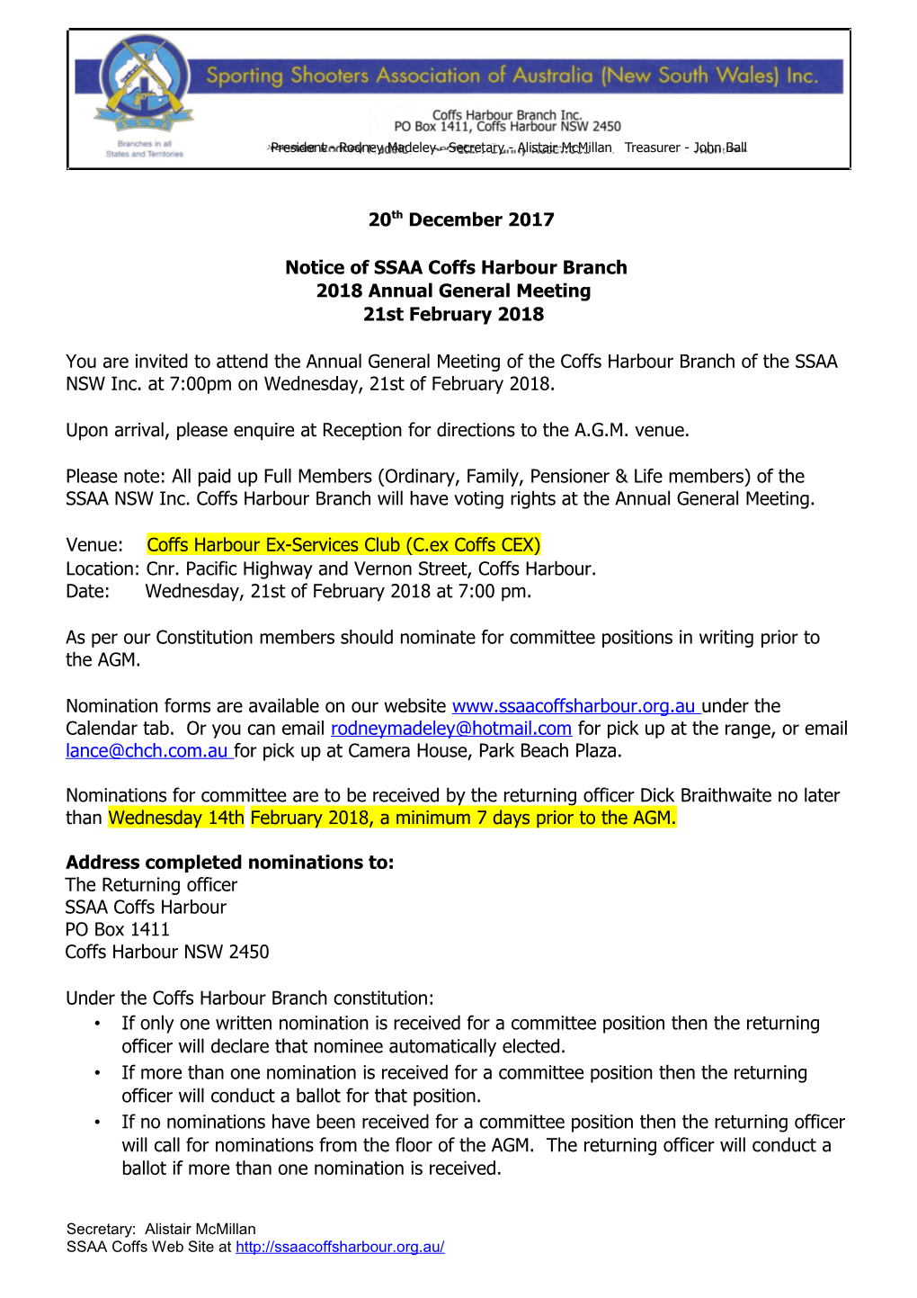 Notice of SSAA Coffs Harbour Branch