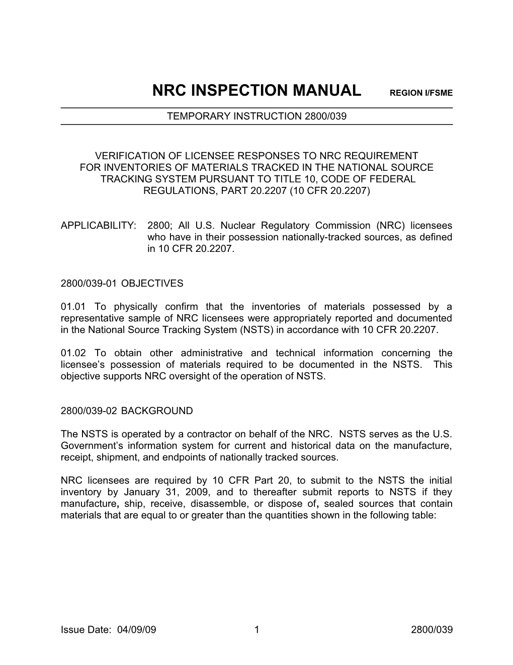 Nrc Inspection Manualregion I/Fsme