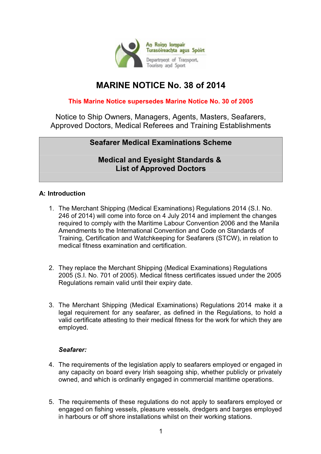 Seafarer Medical Examination System, Medical & Eyesight Standards and List of Approved