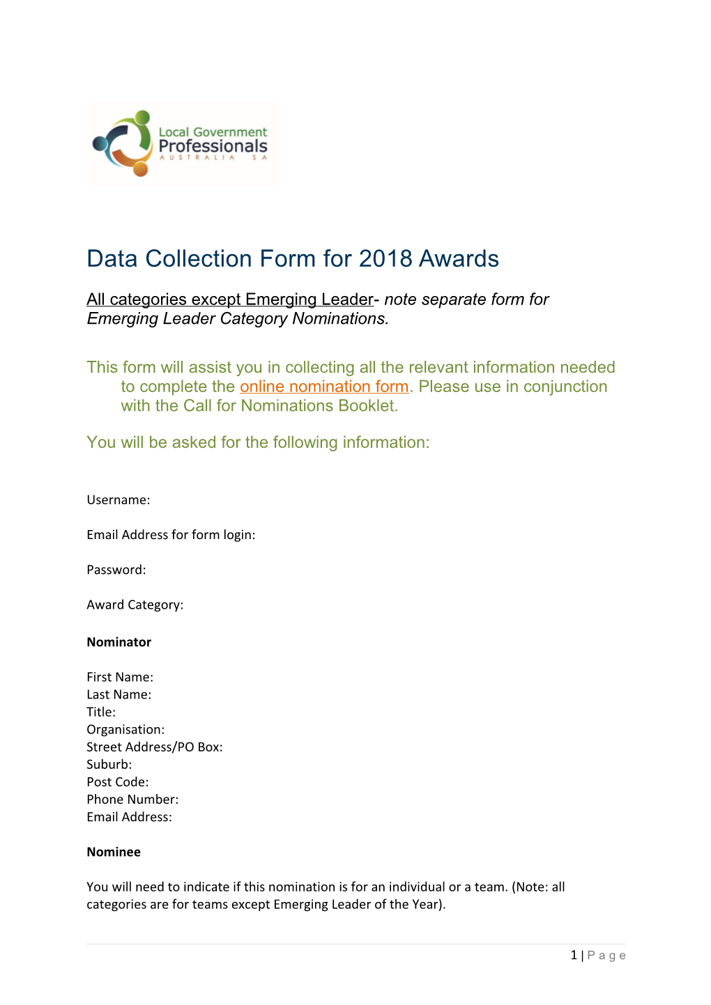Data Collection Form for 2018 Awards