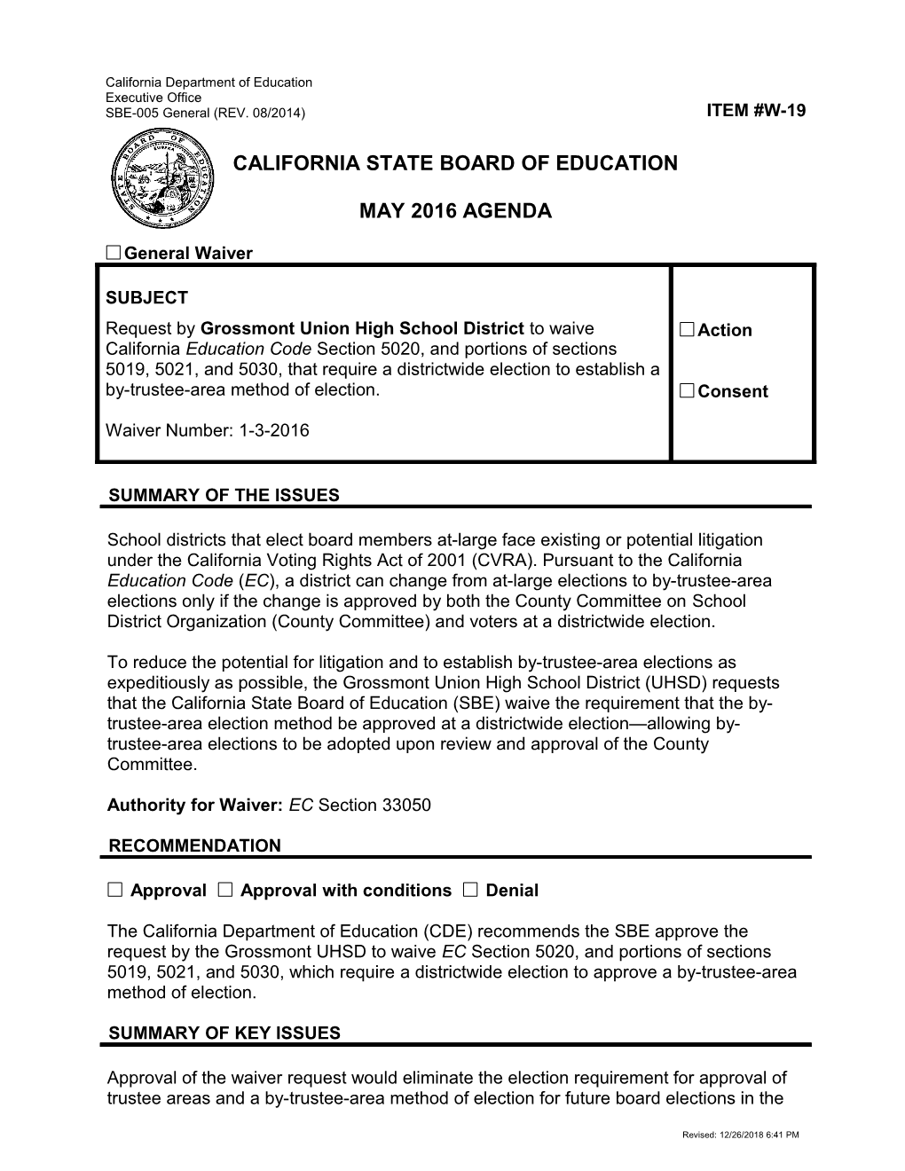 May 2016 Waiver Item W-19 - Meeting Agendas (CA State Board of Education)