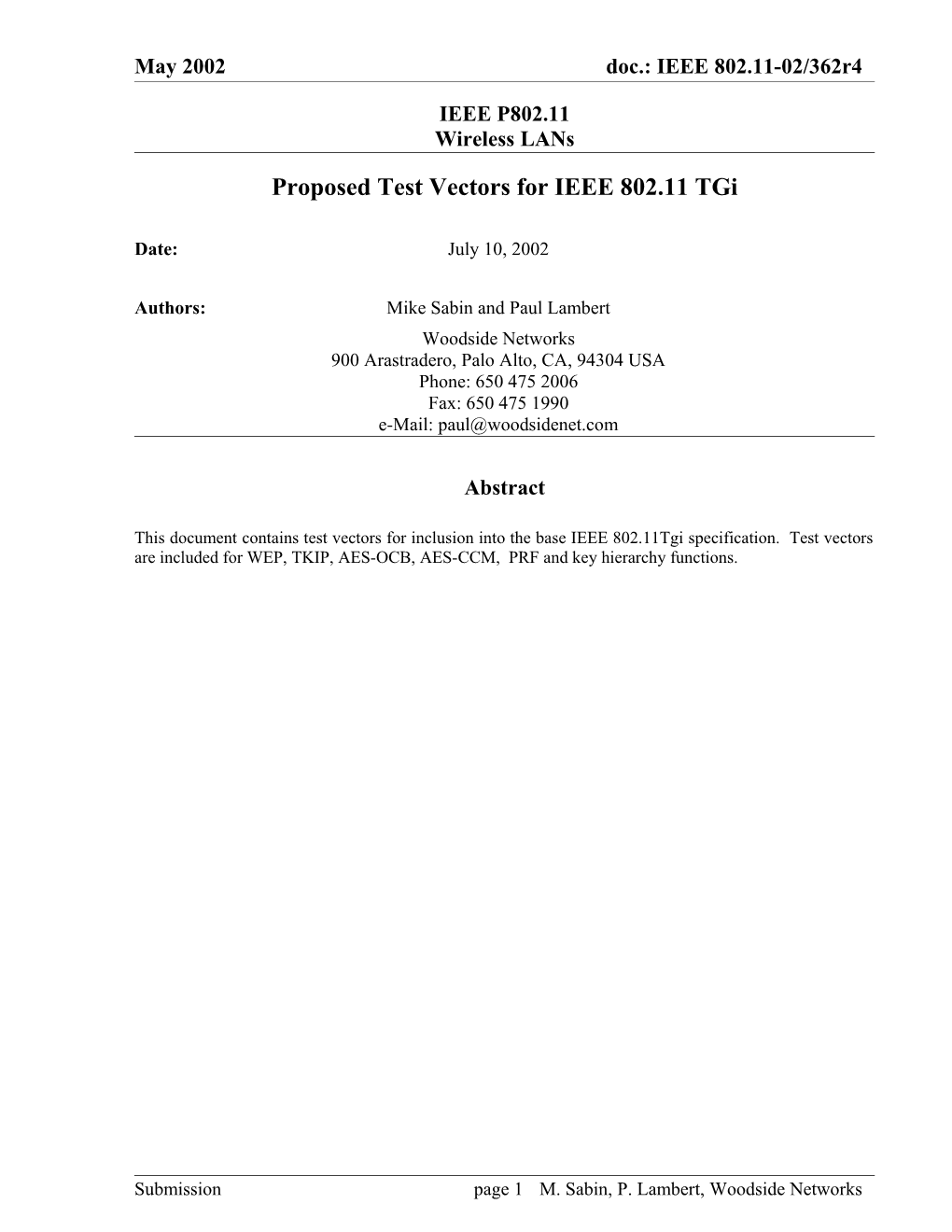 Proposed Test Vectors for IEEE 802.11 Tgi