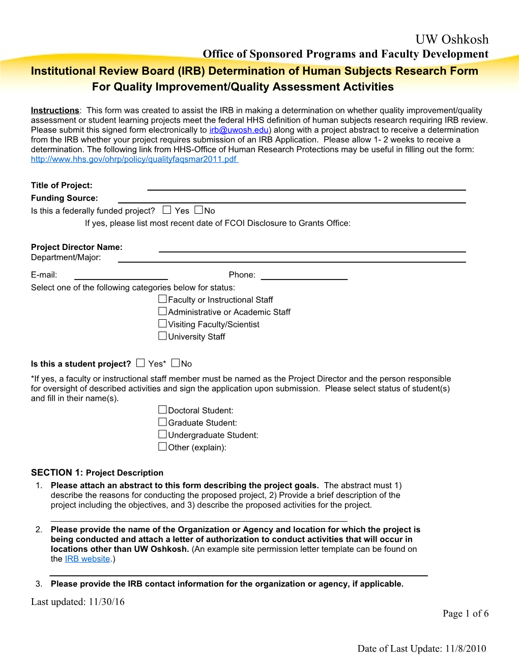 Institutional Review Board (IRB) Determination of Human Subjects Research Form