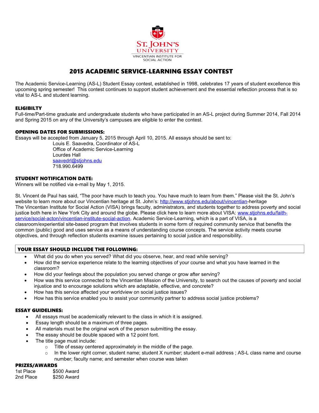 2015 Academic Service-Learning Essay Contest