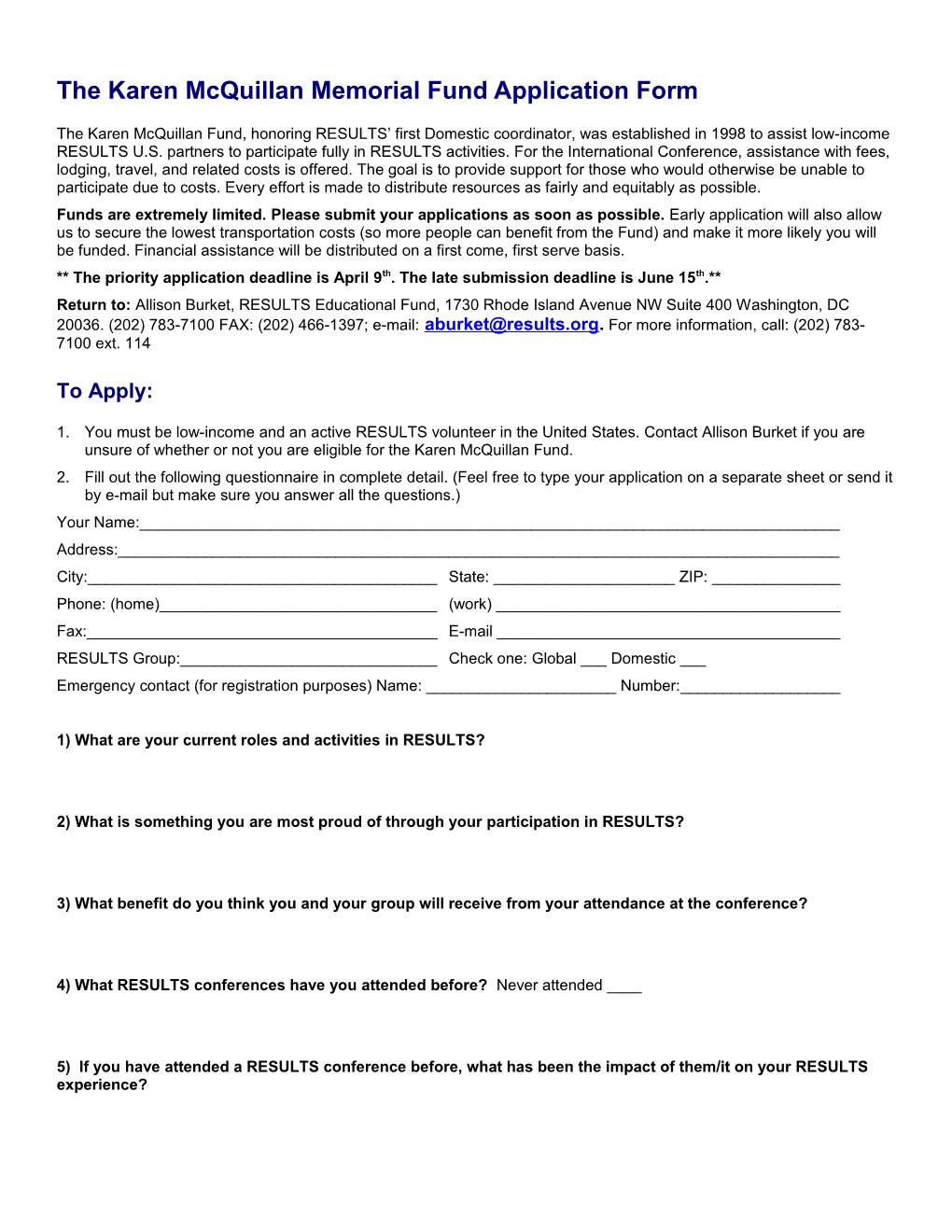 2009 Karen Mcquillan Memorial Fund Application Form
