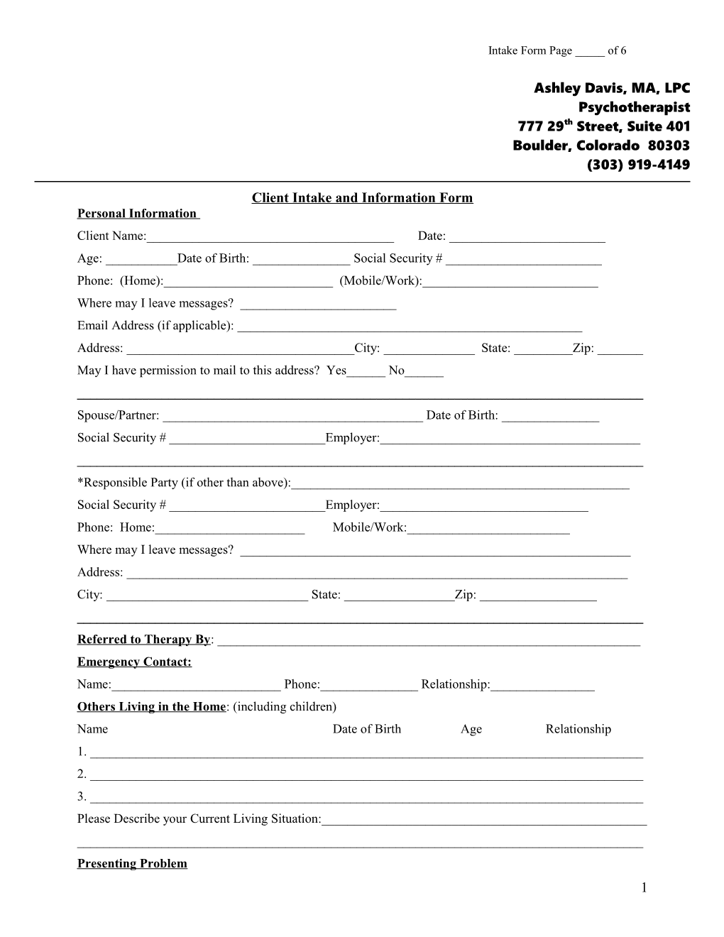 Client Intake and Information Form
