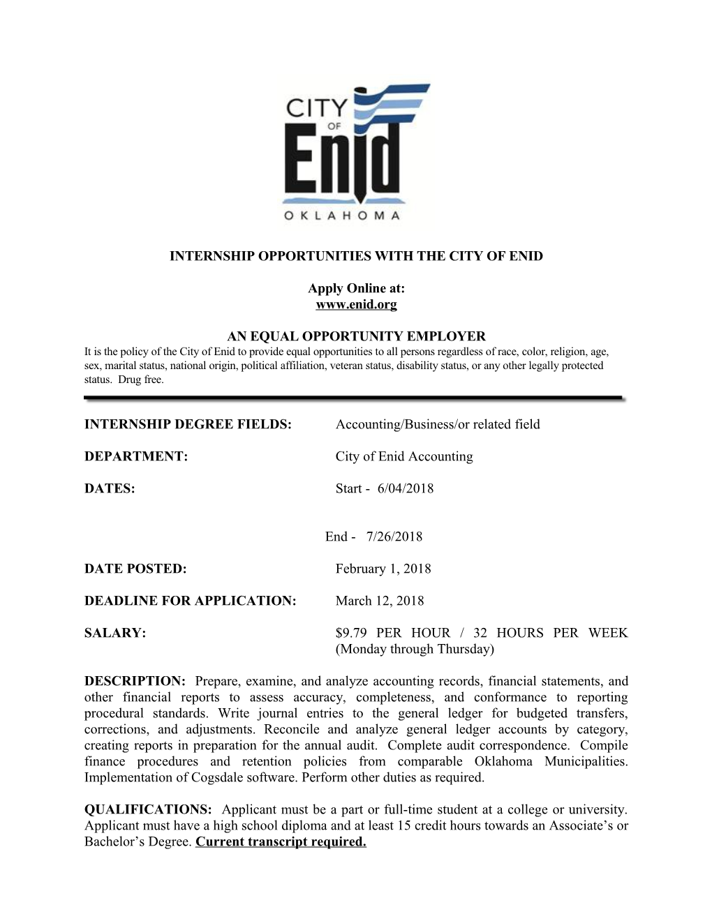 Internship Opportunities with the City of Enid