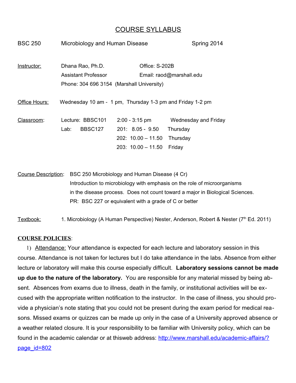 BSC 250Microbiology and Human Diseasespring 2014