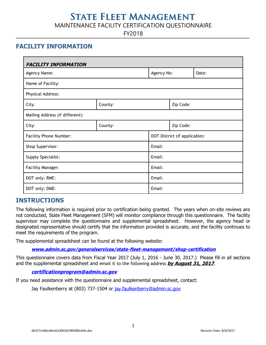 Maintenance Facility Certificationquestionnaire