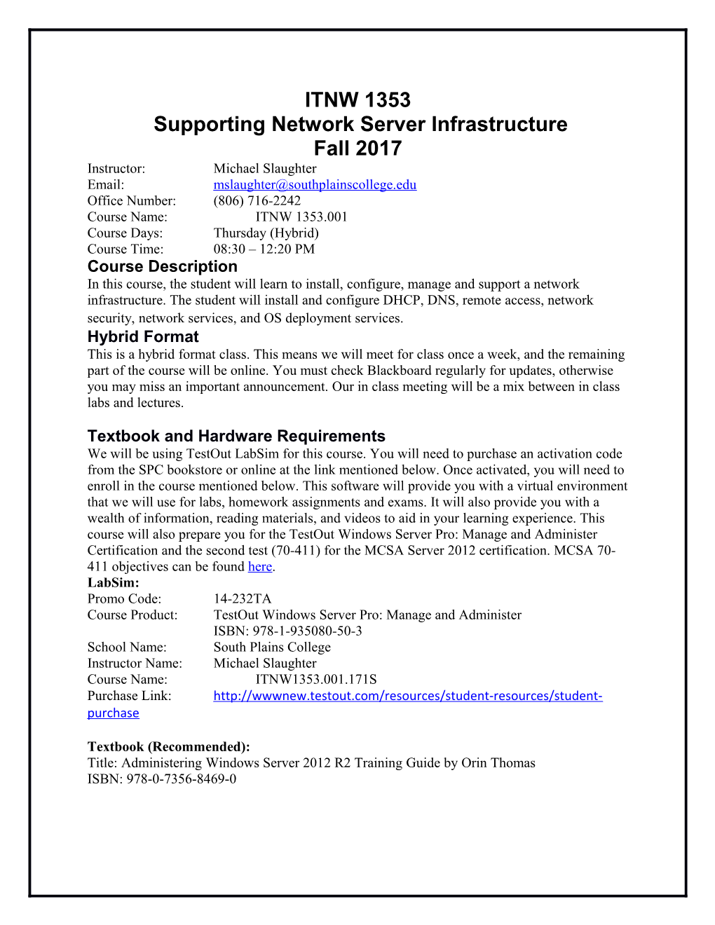 ITNW 1353 Supporting Network Server Infrastructure Fall 2017