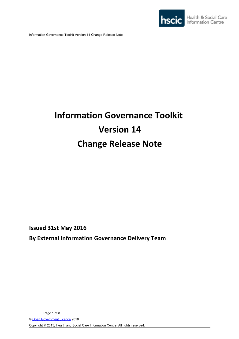 Information Governance Toolkit Version 14 Change Release Note