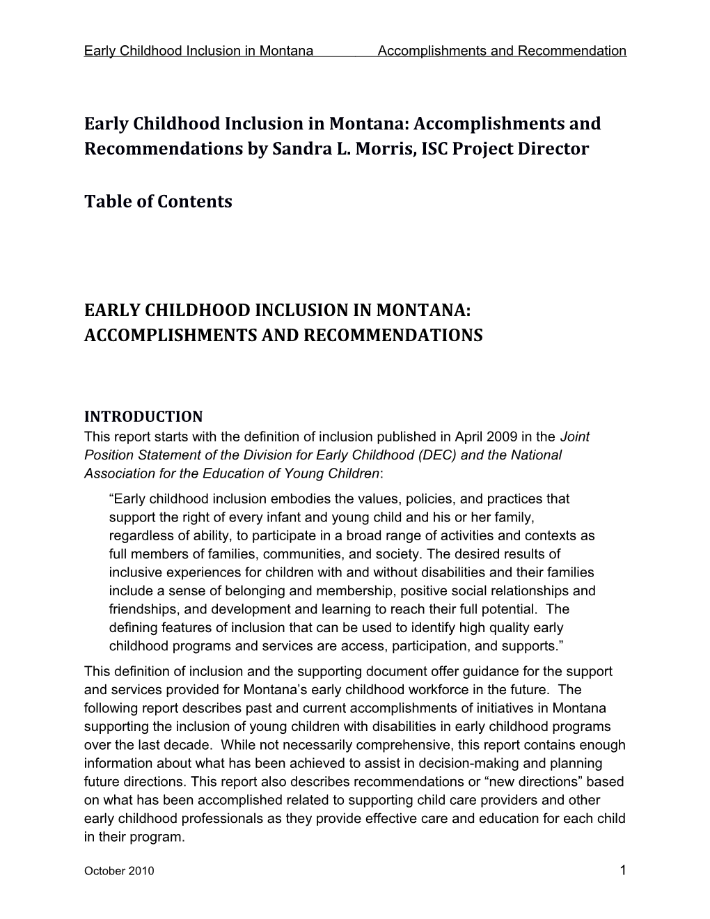Early Childhood Inclusion in Montanaaccomplishments and Recommendation