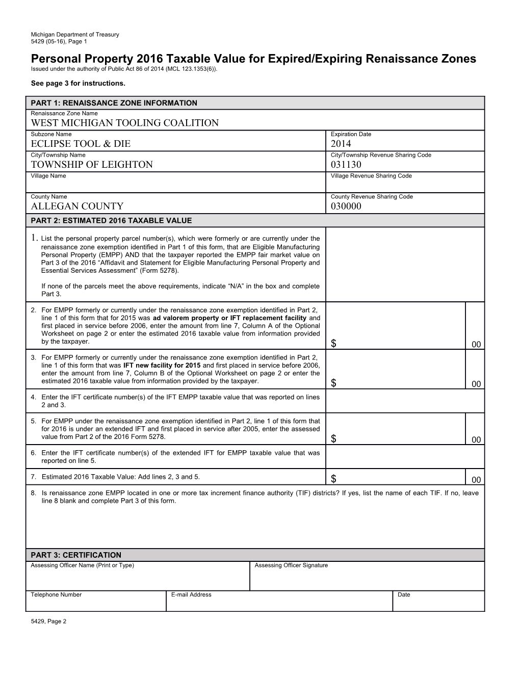 Personal Property 2016 Taxable Value for Expired/Expiring Renaissance Zones