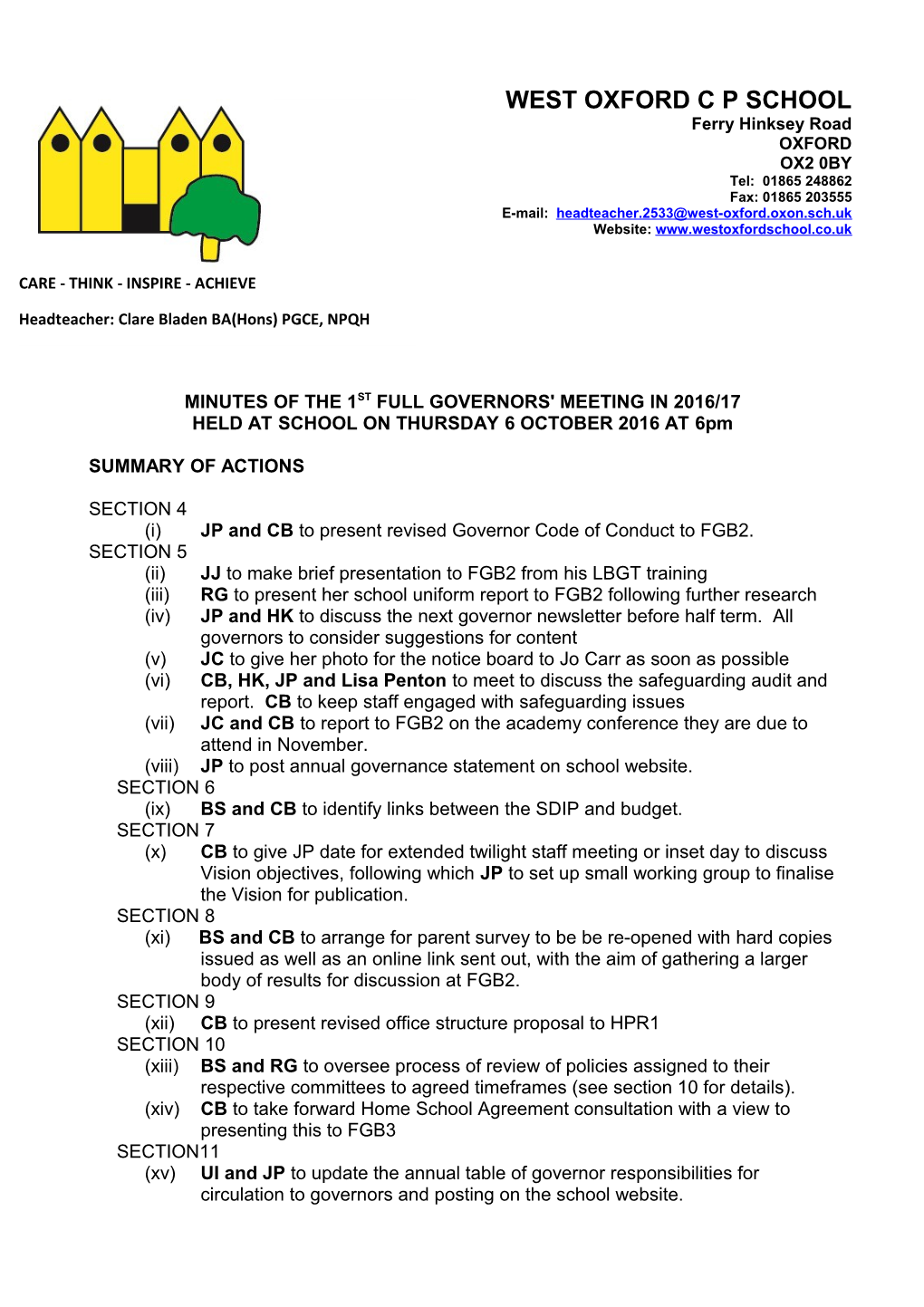 Minutes of the 1Stfull Governors' Meeting in 2016/17