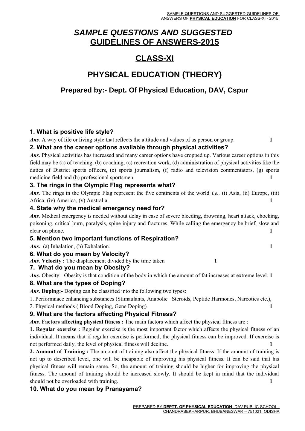 Answers of Physical Education for Class-Xi - 2015