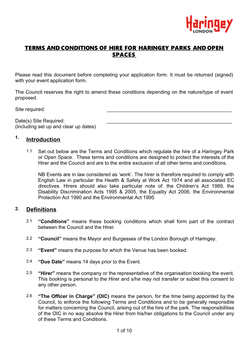 Terms and Conditions of Hireforharingeyparks and Open Spaces
