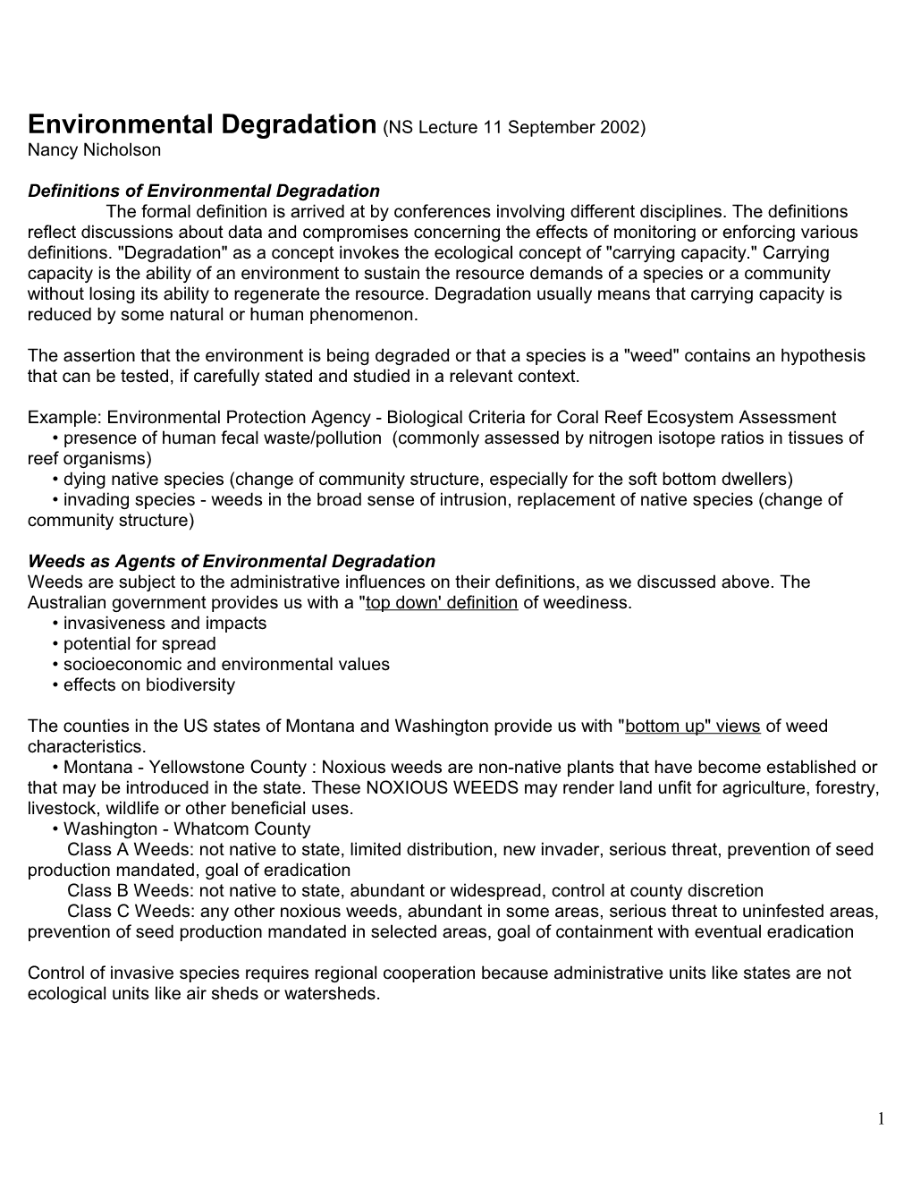 Environmental Degradation (NS Lecture 11 September 2002)