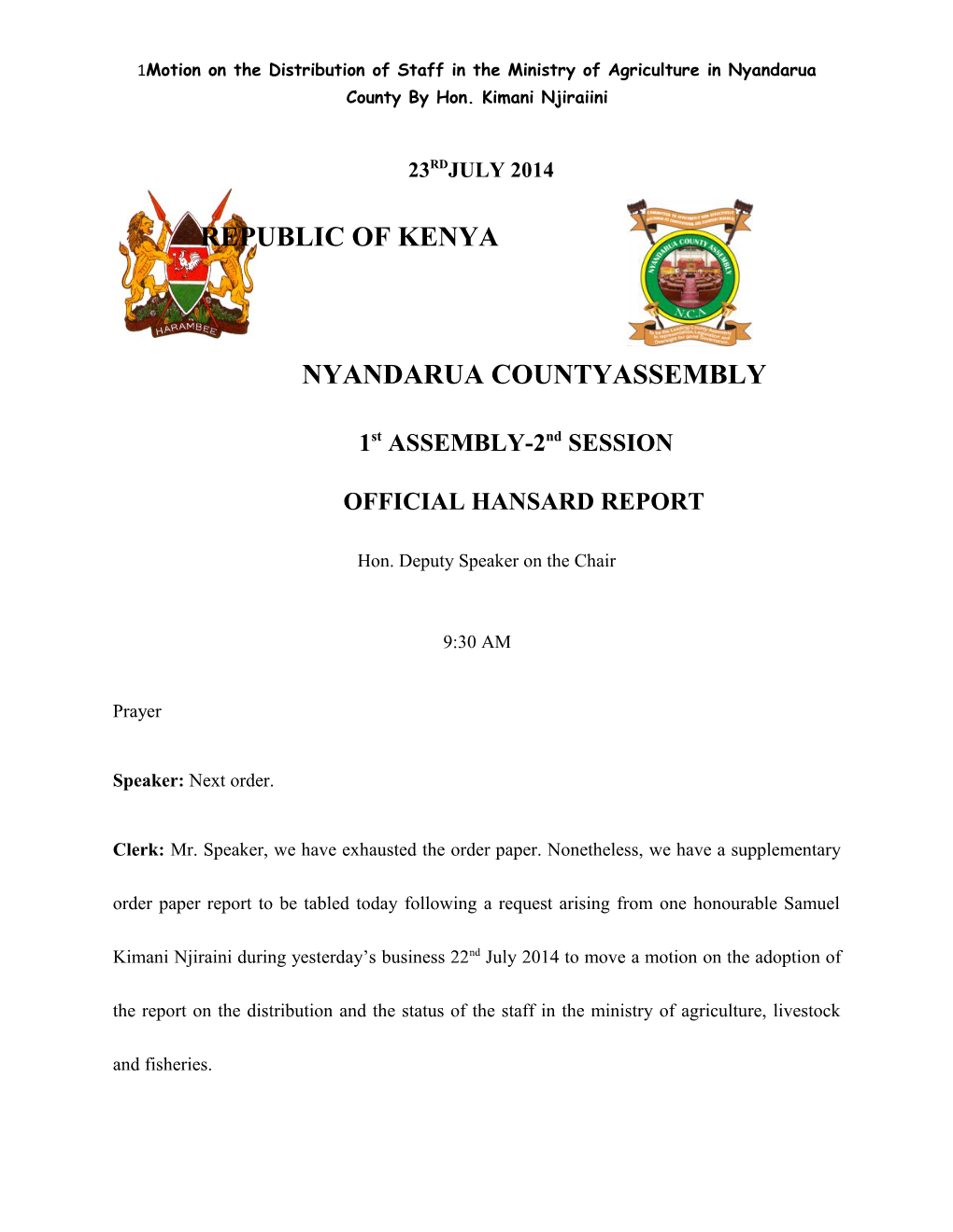 Motion on the Distribution of Staff in the Ministry of Agriculture in Nyandarua County