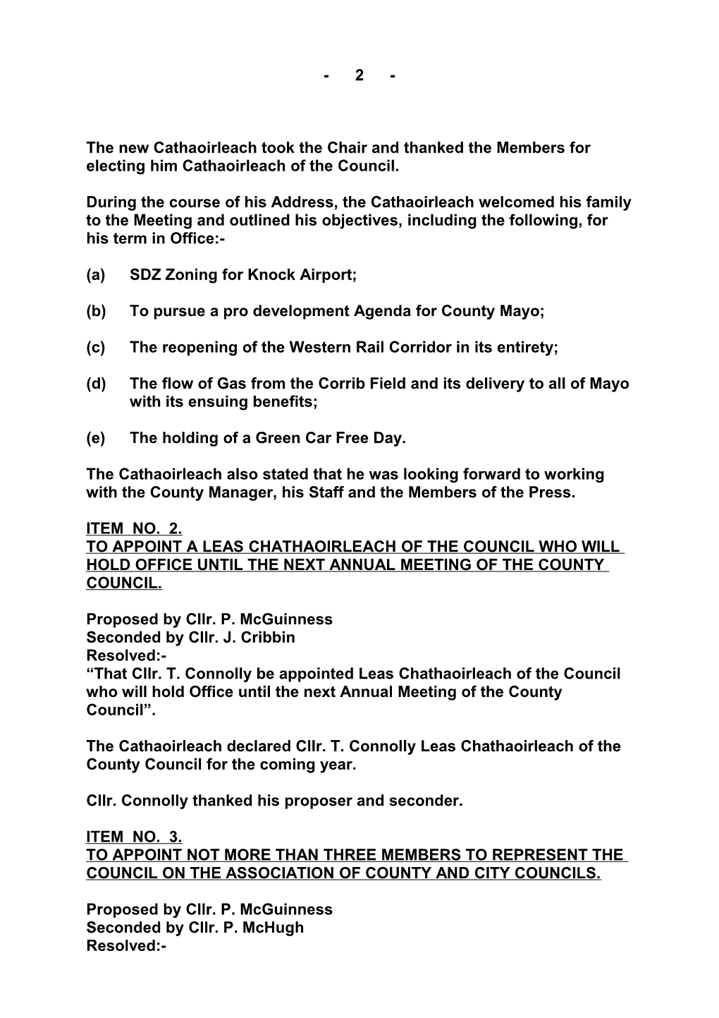 MINUTES of MAYO COUNTY COUNCIL ANNUAL MEETING HELD on MONDAY, 30Th JUNE, 2008, at 10