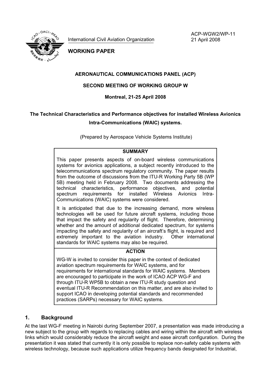 The Technical Characteristics and Performance Objectives for Installed Wireless Avionics