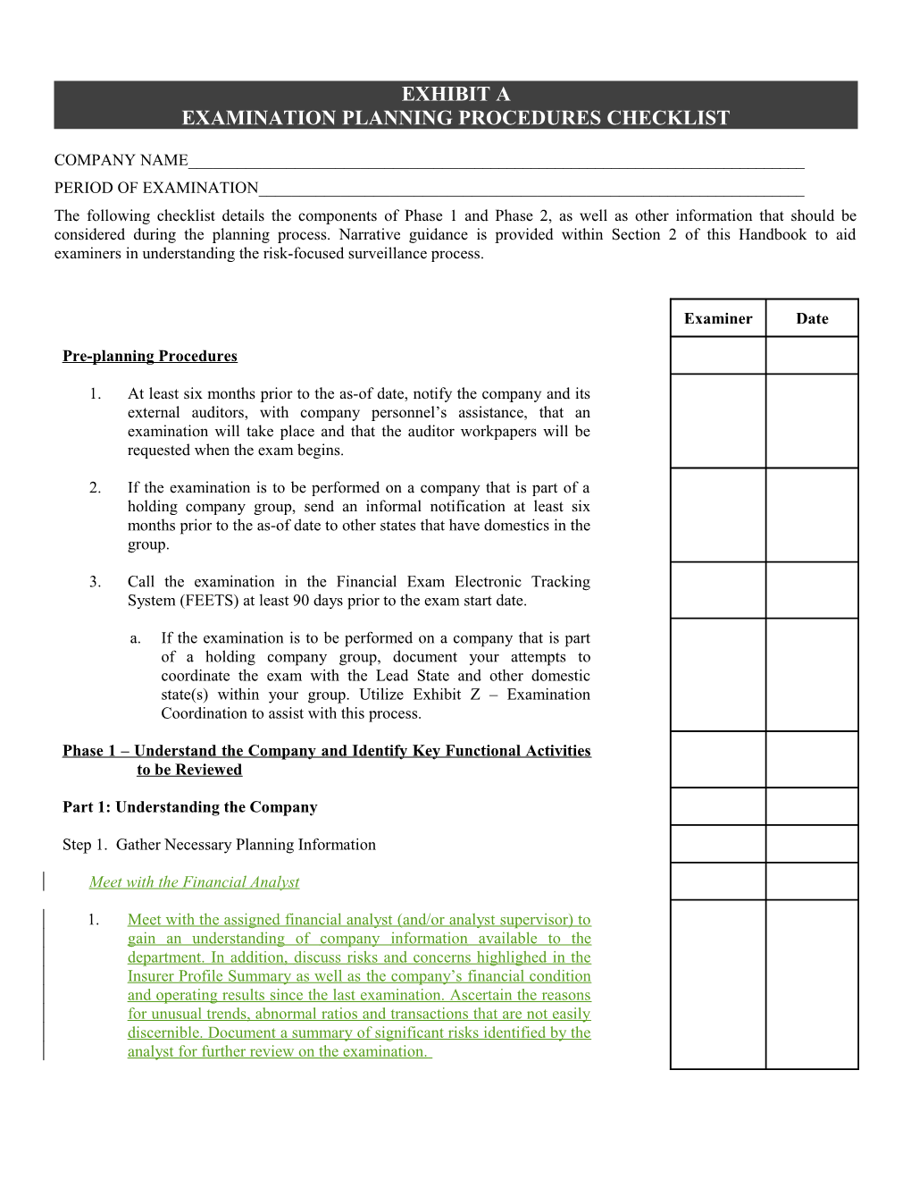 Exhibit a Examination Planning Procedures Checklist