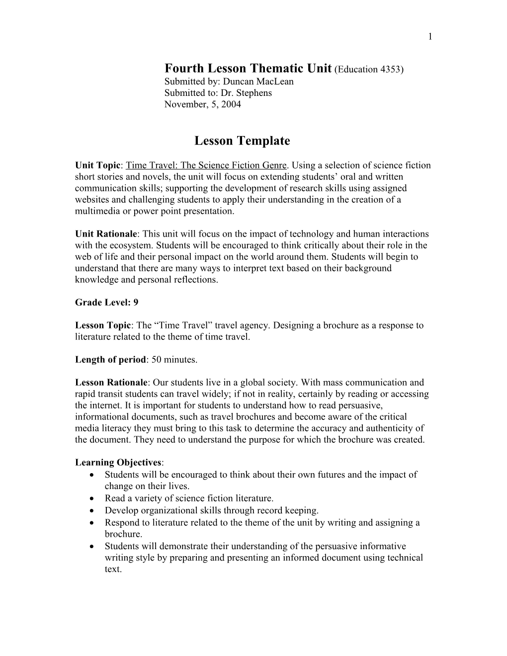 Fourth Lesson Thematic Unit (Education 4353)