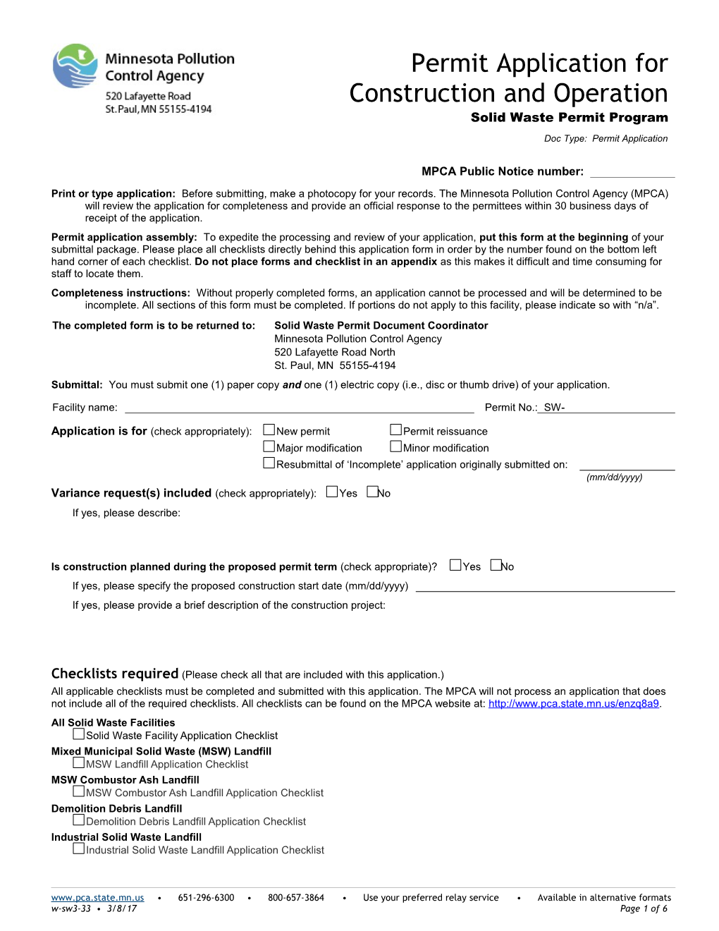 Permit Application for Construction and Operation - Form