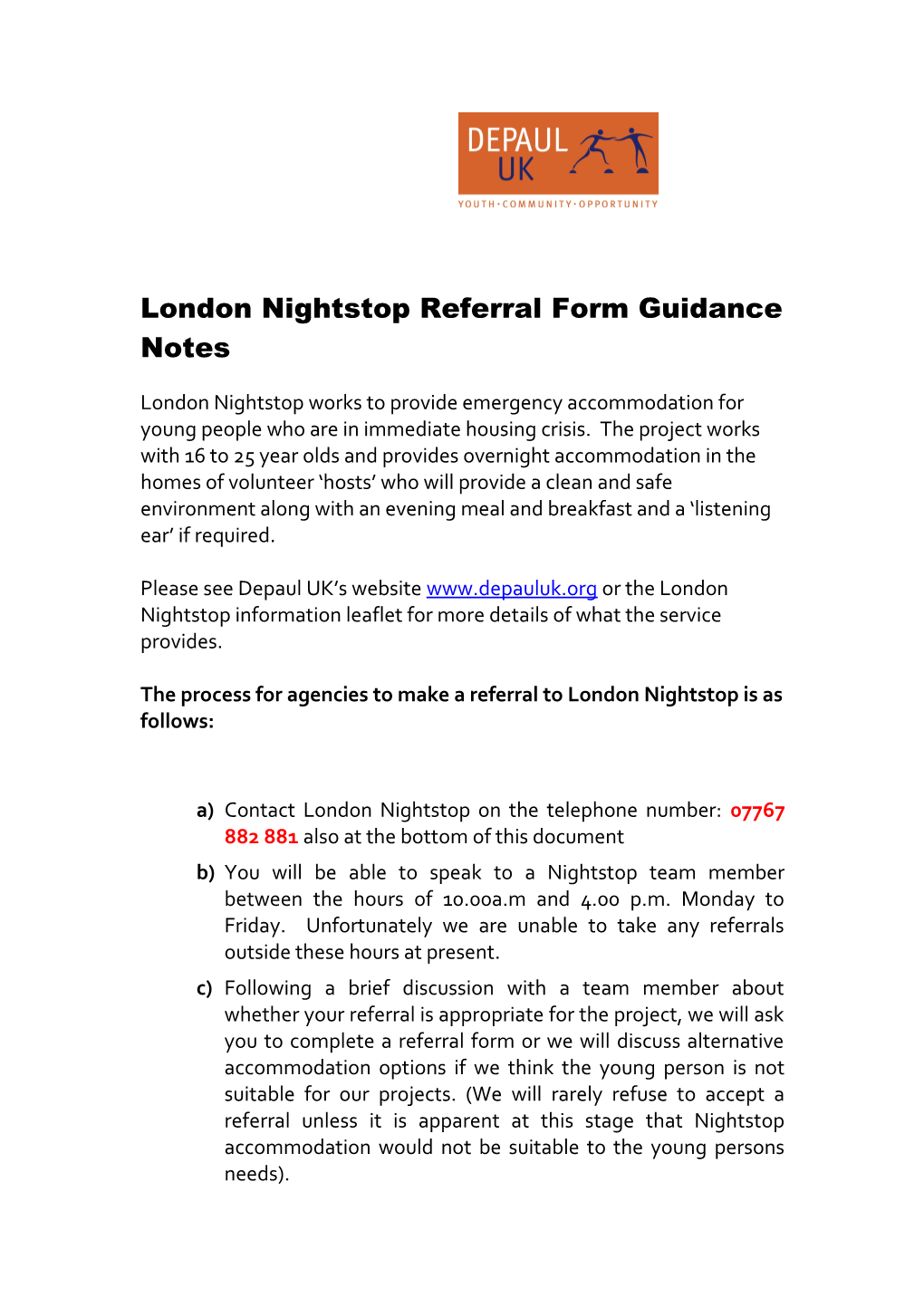 London Nightstop Referral Form Guidance Notes