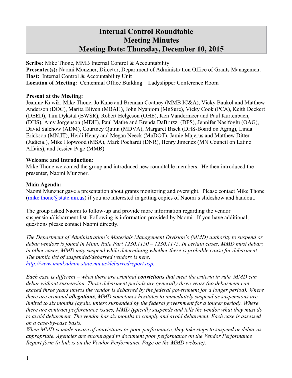 October 29, 2015 Internal Control Roundtable Meeting Minutes