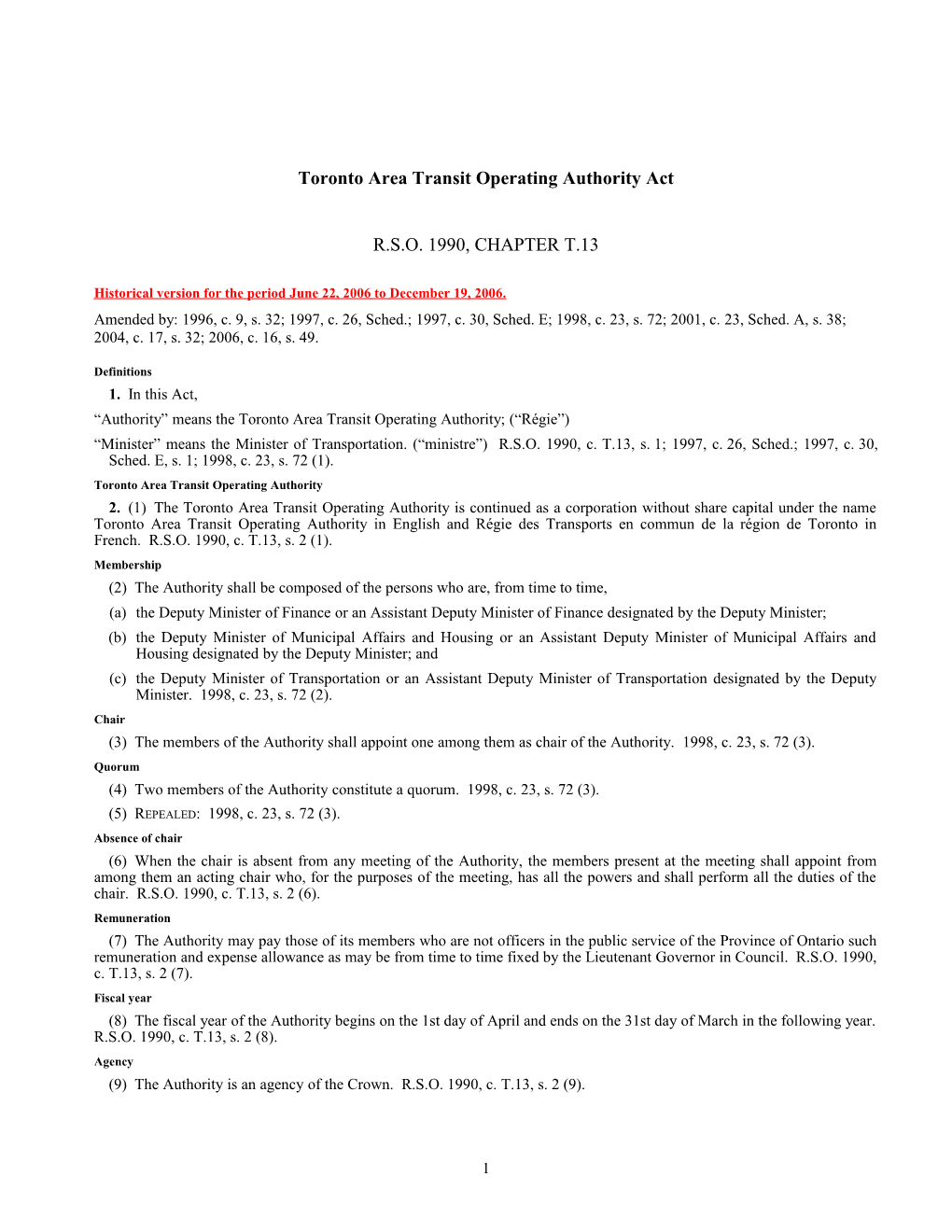Toronto Area Transit Operating Authority Act, R.S.O. 1990, C. T.13
