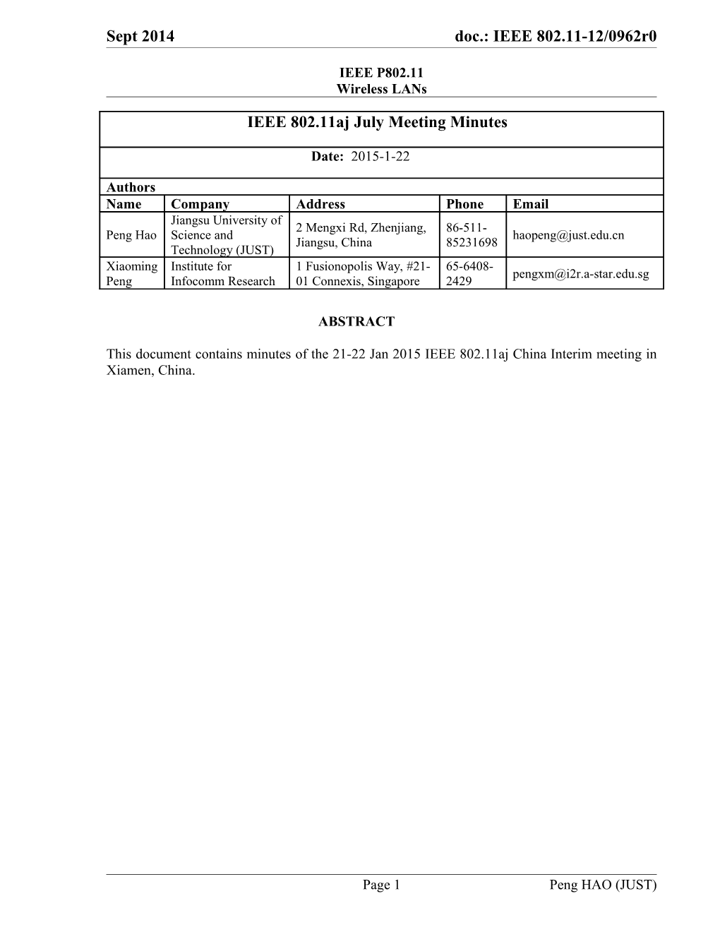 This Document Contains Minutes of The21-22Jan2015ieee 802.11Ajchina Interimmeeting in Xiamen