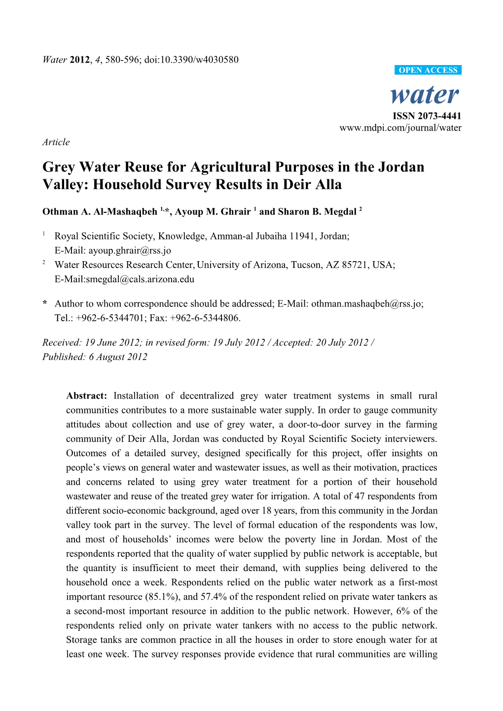 Grey Water Reuse for Agricultural Purposes in the Jordan Valley: Household Survey Results