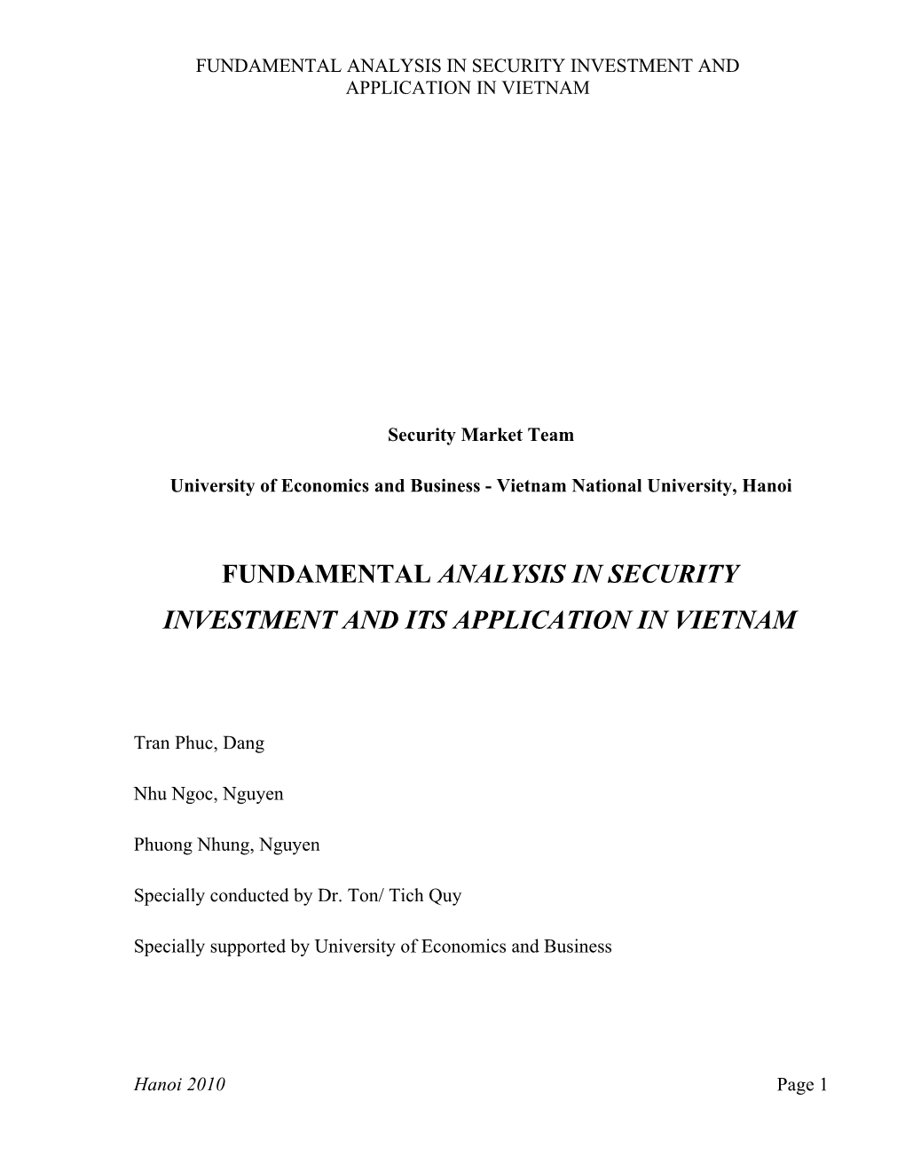 Fundamental Analysis in Security Investment and Its Application in Vietnam