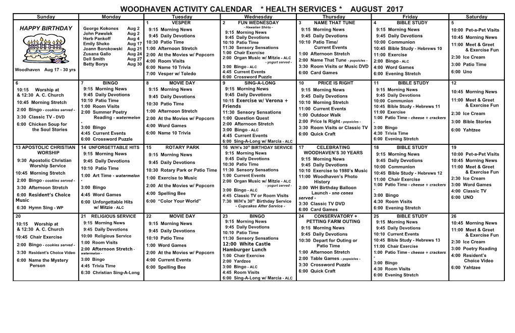 Woodhaven Activity Calendar