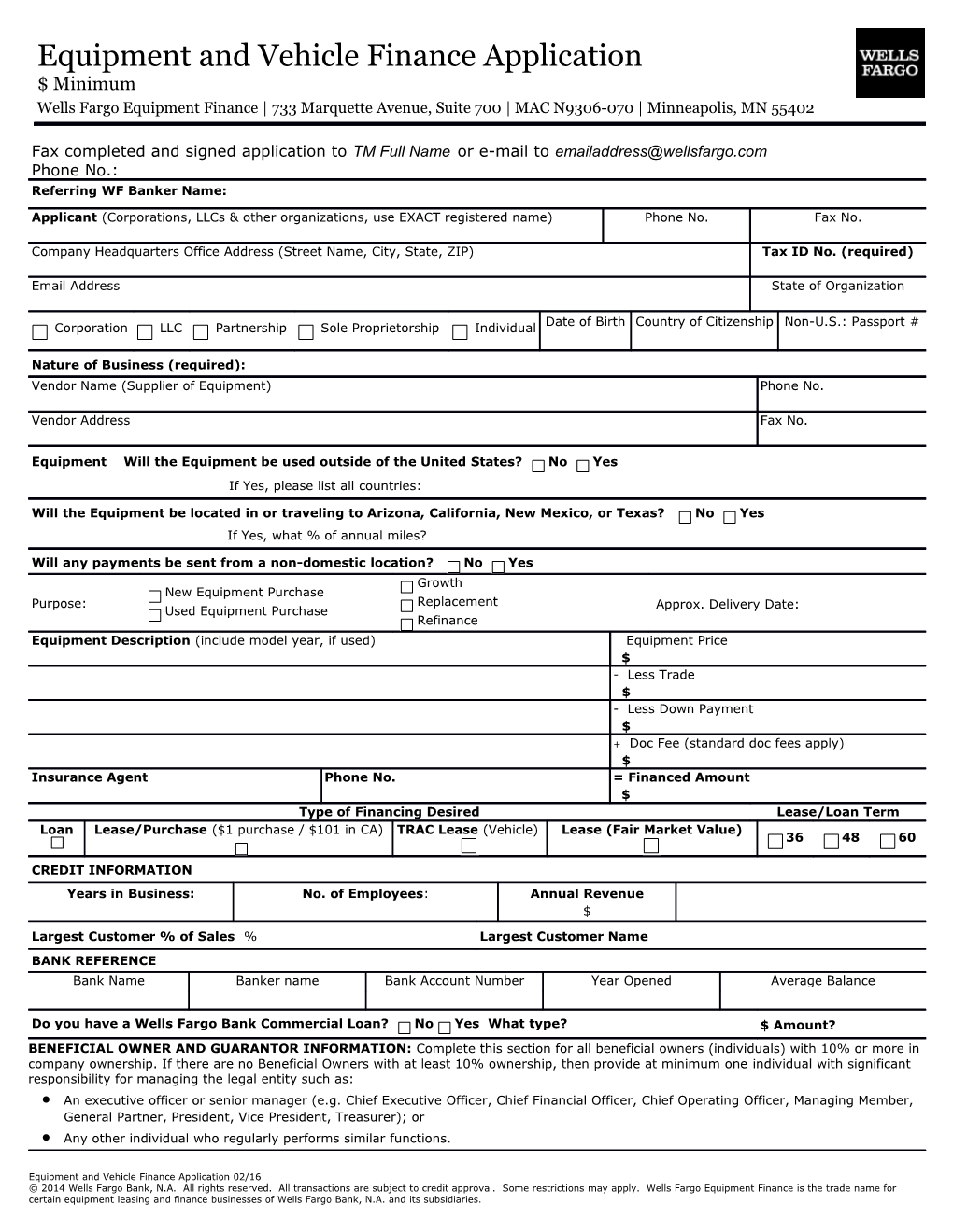 Equipment and Vehicle Finance Application 02/16