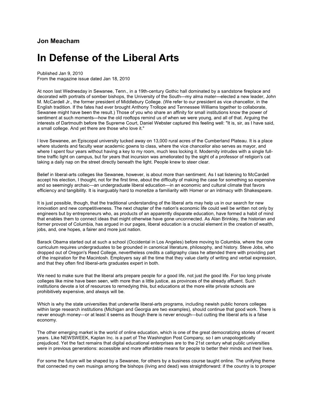In Defense of the Liberal Arts