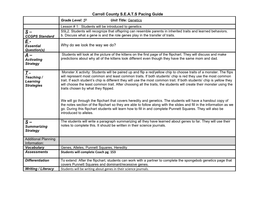 Carroll County S.E.A.T.S Pacing Guide