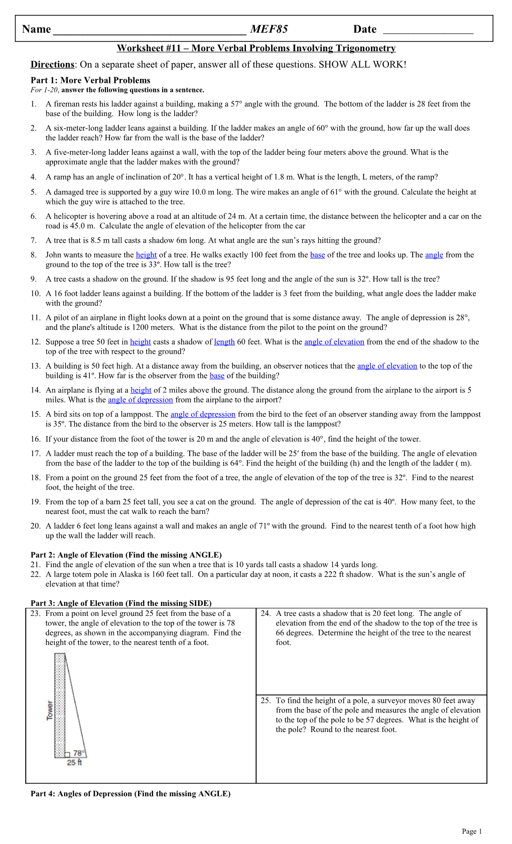Worksheet #11 More Verbal Problems Involving Trigonometry