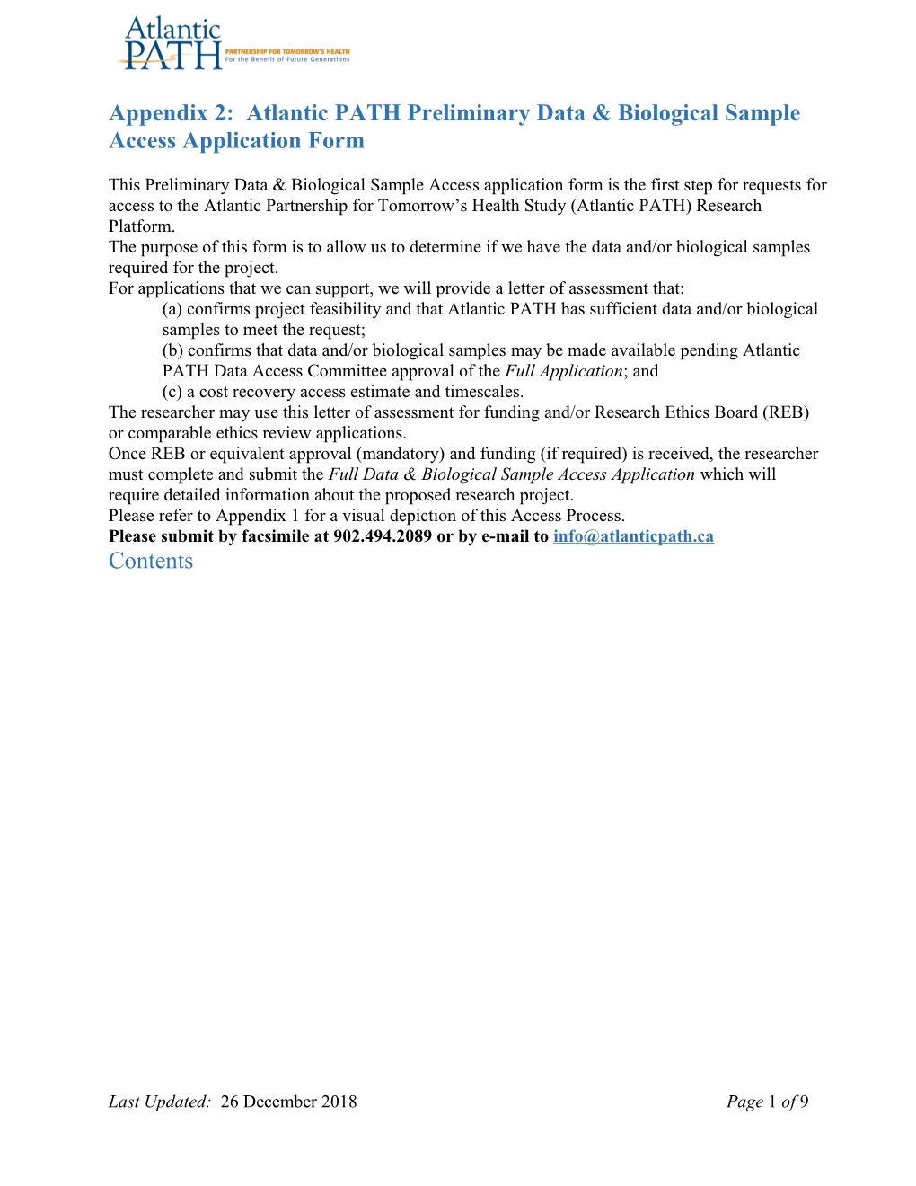 Appendix 2: Atlantic PATH Preliminary Data & Biological Sample Access Application Form
