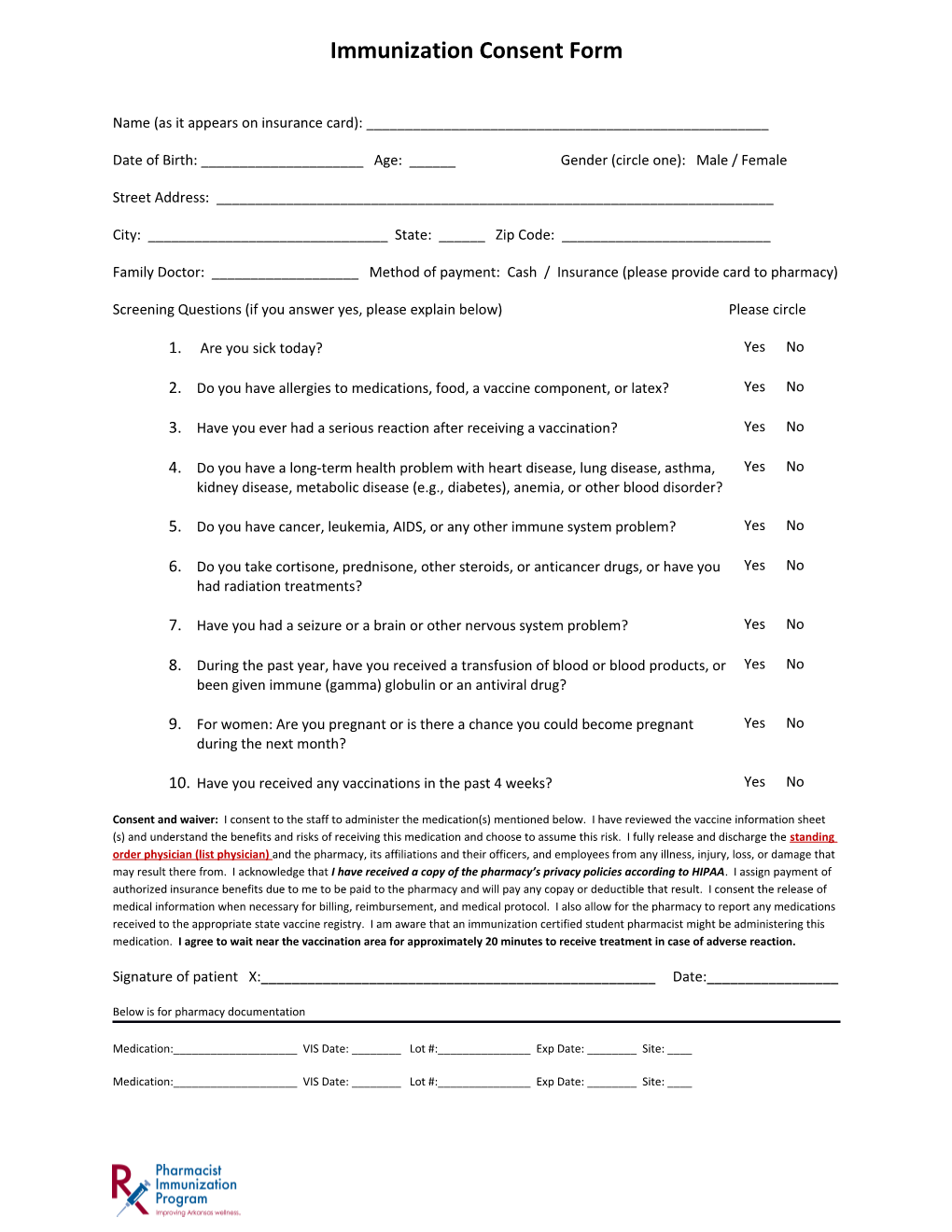 Immunization Consent Form