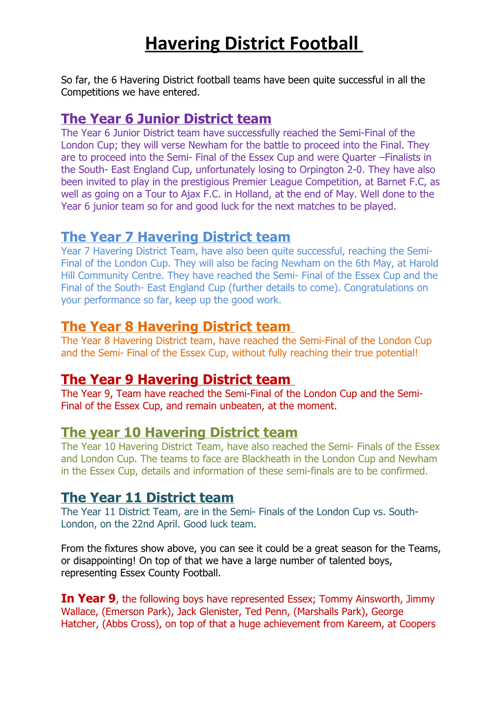 The Year 6 Junior District Team