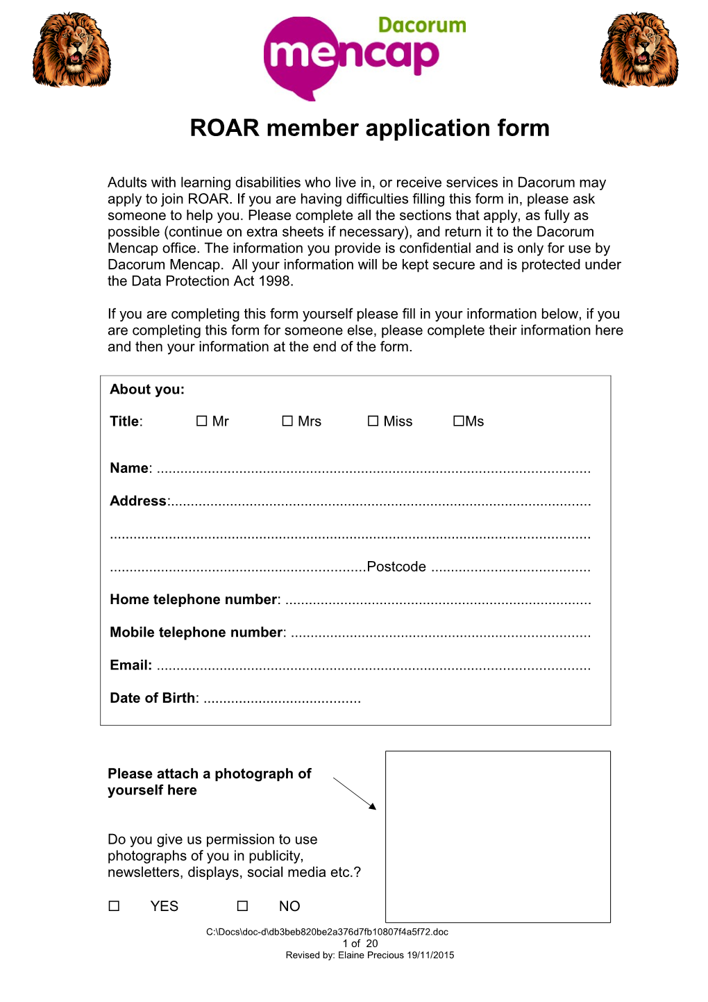 ROAR Member Application Form