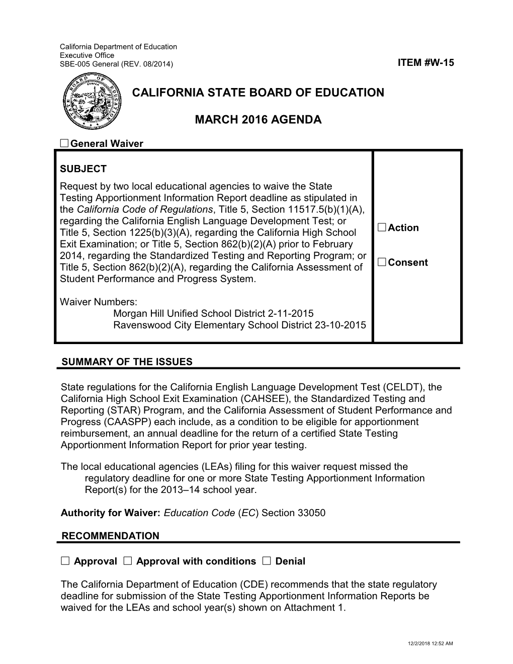 March 2016 Waiver Item W-15 - Meeting Agendas (CA State Board of Education)
