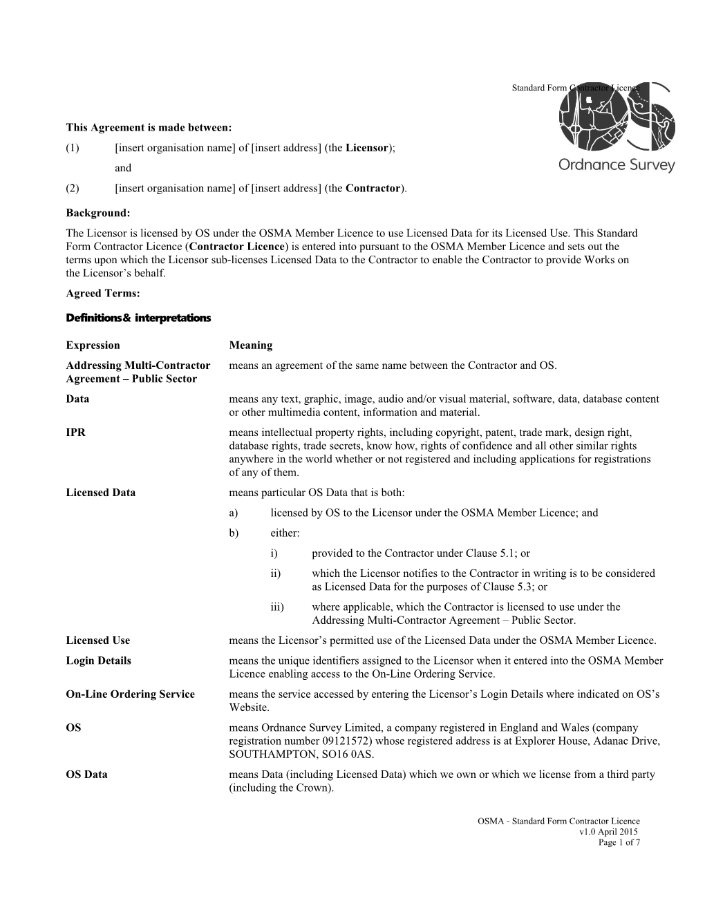 Standard Form Contractor Licence