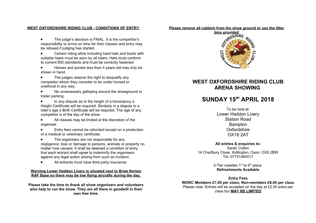 West Oxfordshire Riding Club - Conditions of Entry