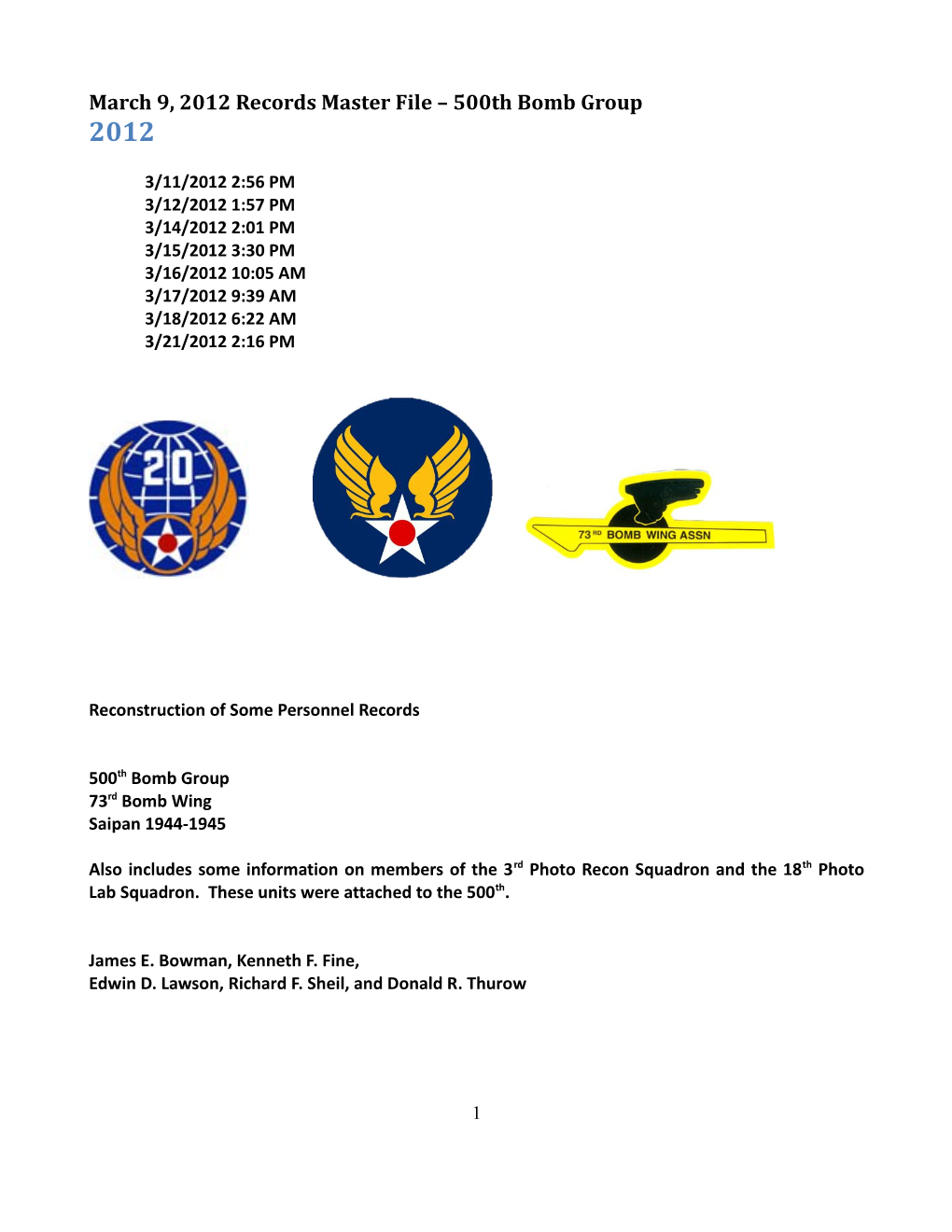 March 9, 2012 Records Master File 500Th Bomb Group