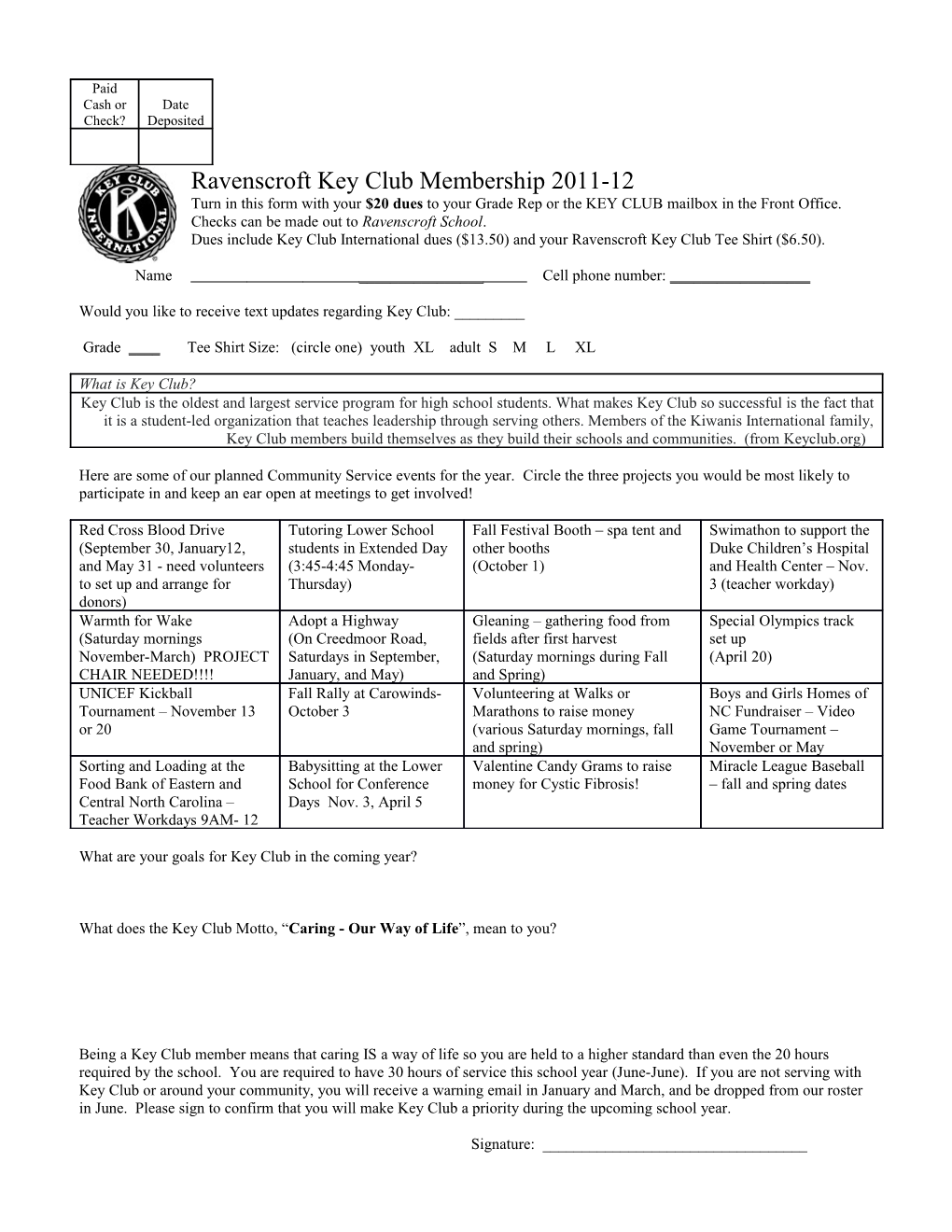 Key Club Information Sheet