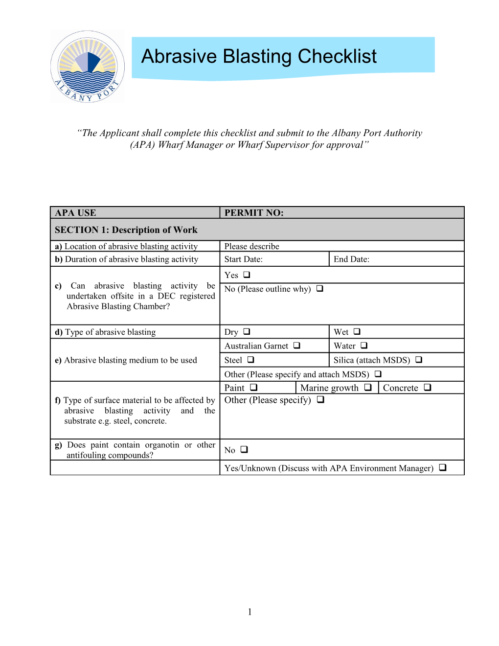 The Applicant Shall Complete This Checklist and Submit to the Albany Port Authority (APA)