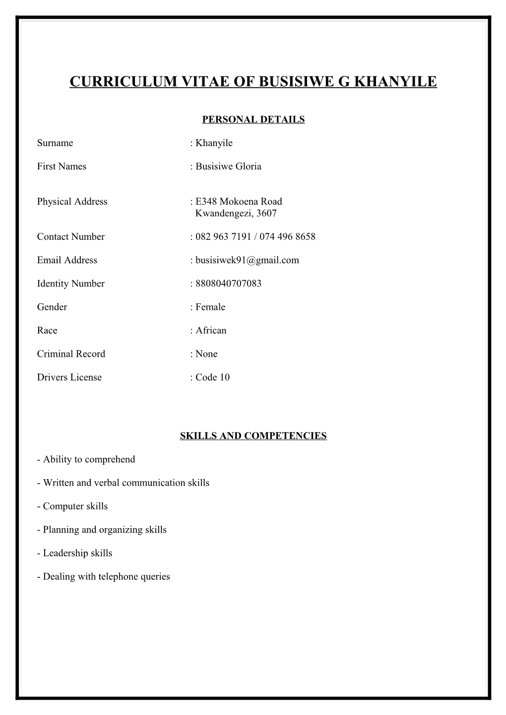 Curriculum Vitae of Busisiwe G Khanyile